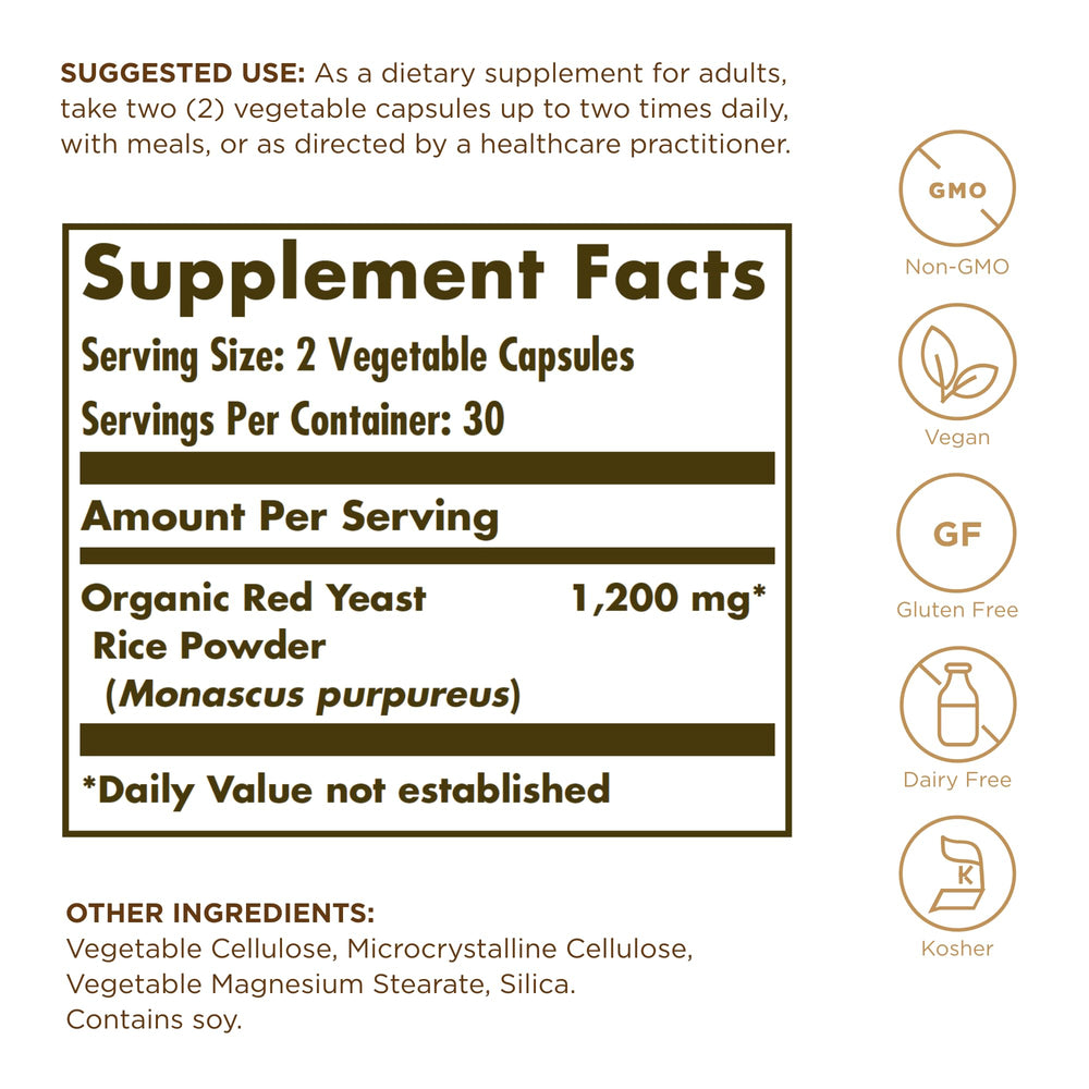 Solgar Red Yeast Rice capsules close-up highlights plant-based, non-GMO formula