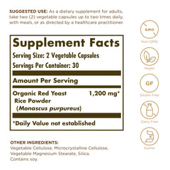 Solgar Red Yeast Rice capsules close-up highlights plant-based, non-GMO formula