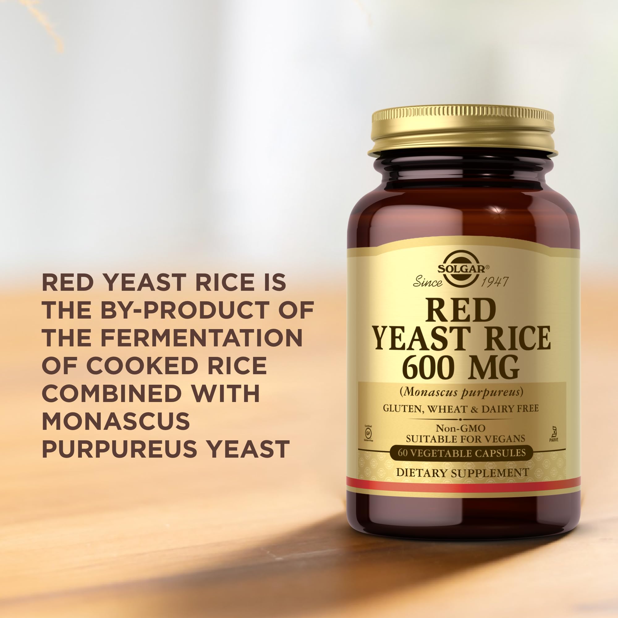 Solgar Red Yeast Rice ingredients label close-up with 600 mg per capsule