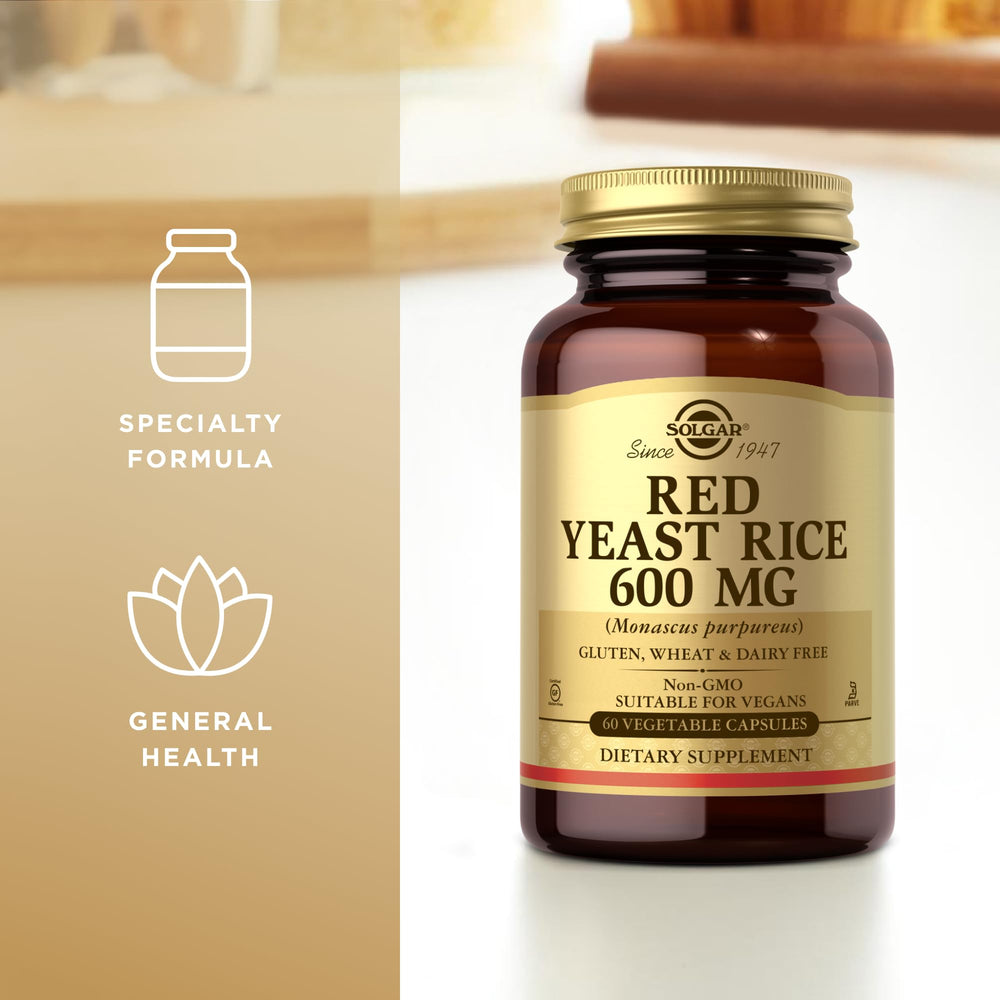 Solgar Red Yeast Rice bottle with serving suggestion for everyday routines