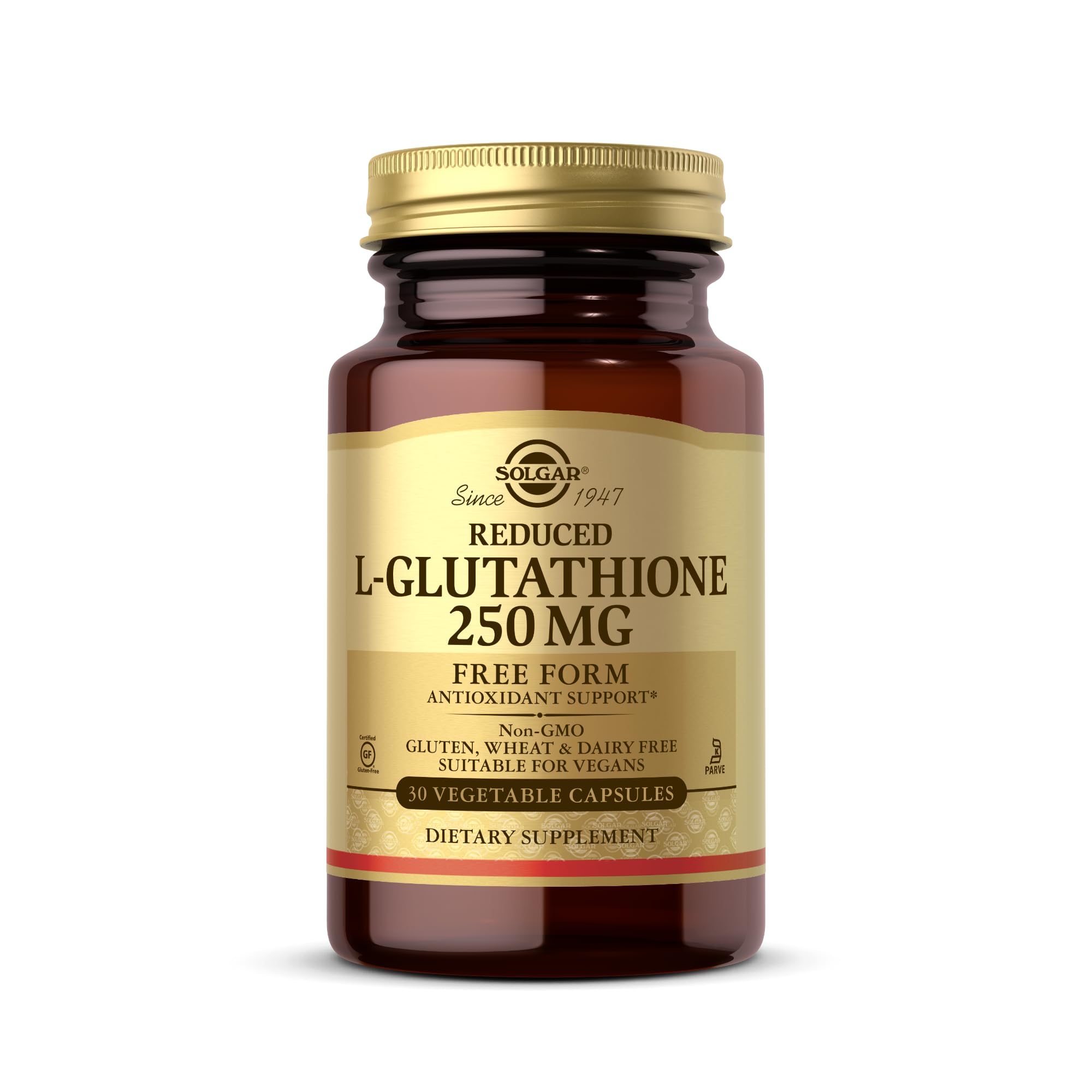 Solgar Reduced L-Glutathione 250 mg bottle of capsules for daily antioxidant support.