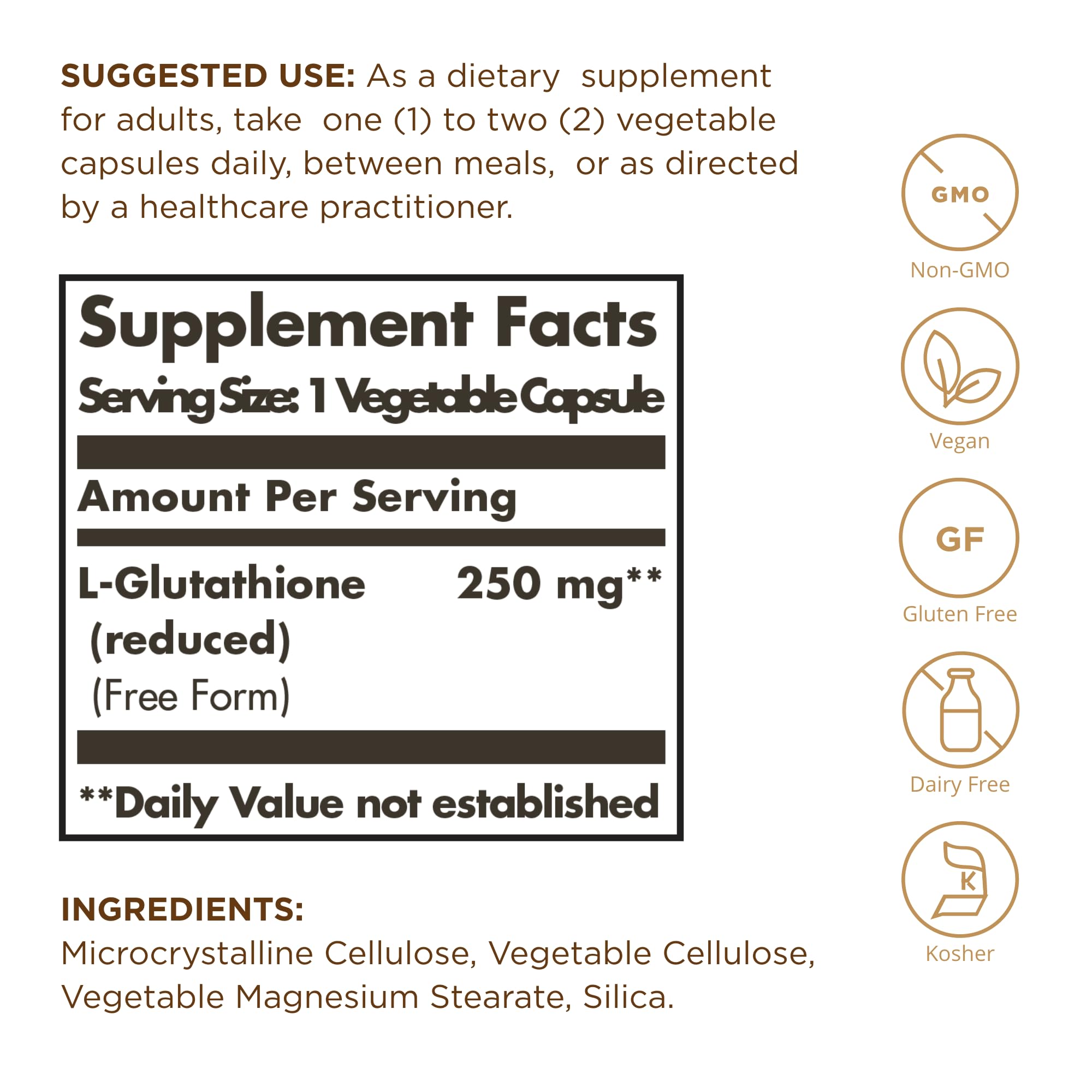 Close-up of Solgar reduced L-Glutathione capsules highlighting vegan formula.