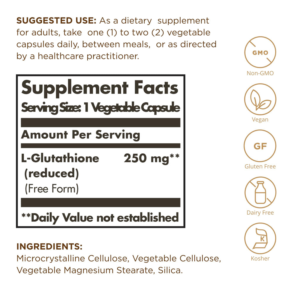 Close-up of Solgar reduced L-Glutathione capsules highlighting vegan formula.