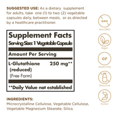 Close-up of Solgar reduced L-Glutathione capsules highlighting vegan formula.