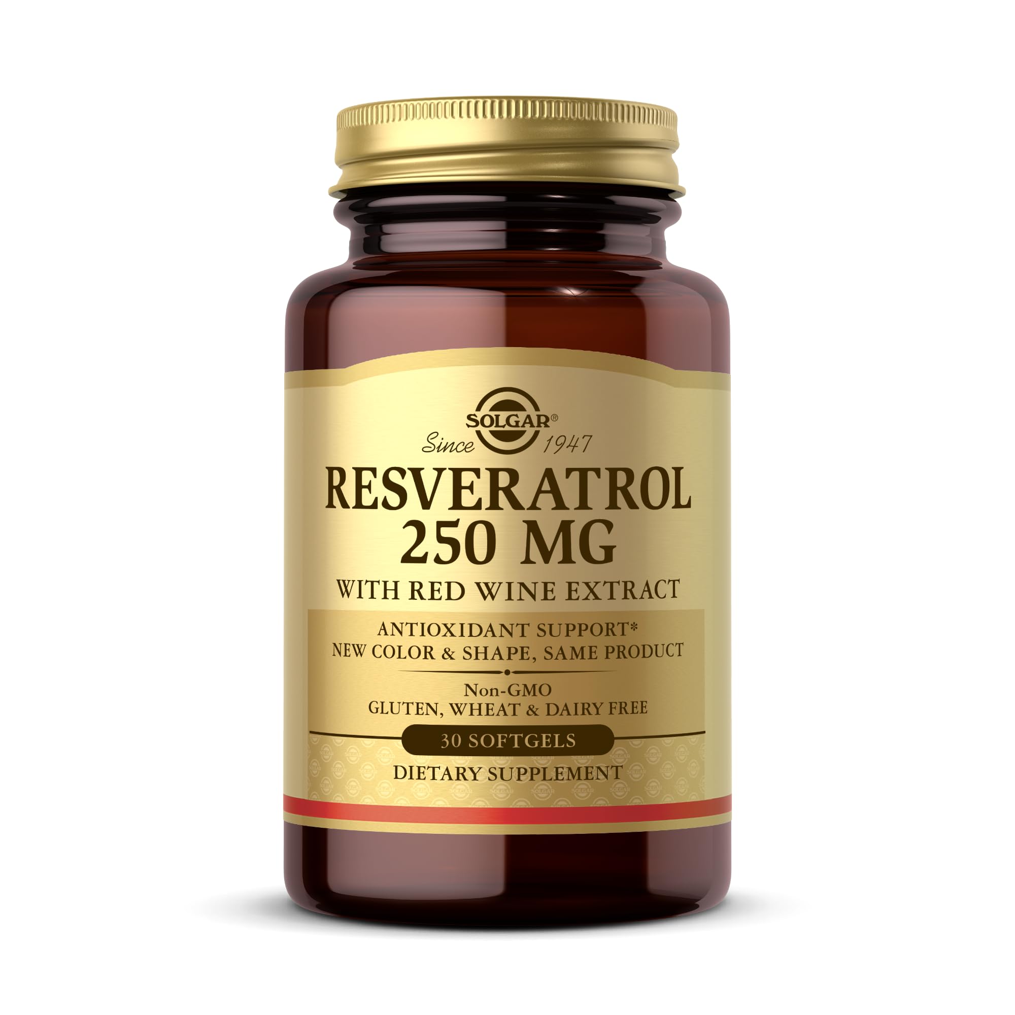 Solgar Resveratrol 250 mg bottle front highlighting antioxidant support for daily wellness.