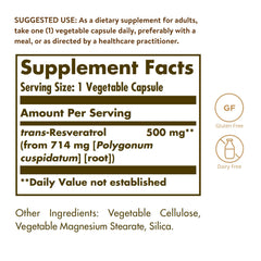 Solgar Resveratrol label close-up highlighting natural polyphenols for daily wellness.