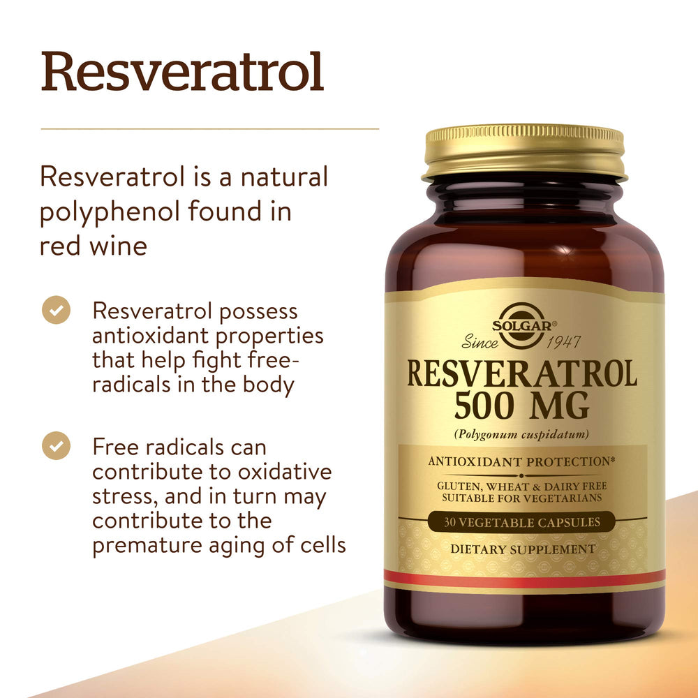 Solgar Resveratrol veggie capsules packaging on desk for gluten-free daily use.