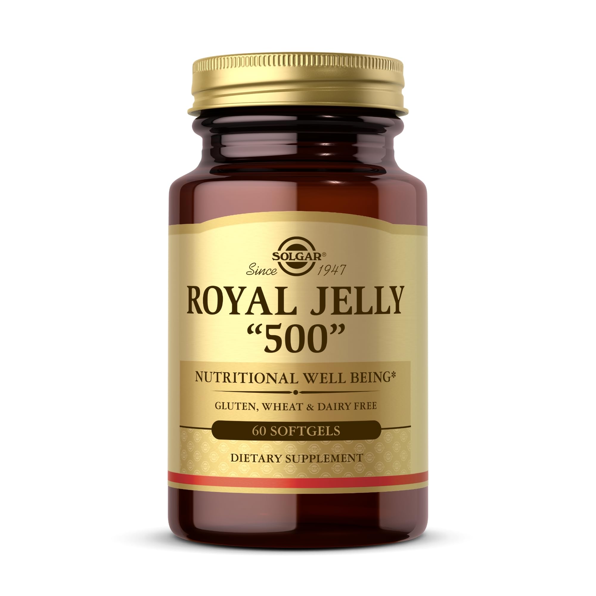 Solgar Royal Jelly 500 softgels bottle shows gluten-free and dairy-free daily support