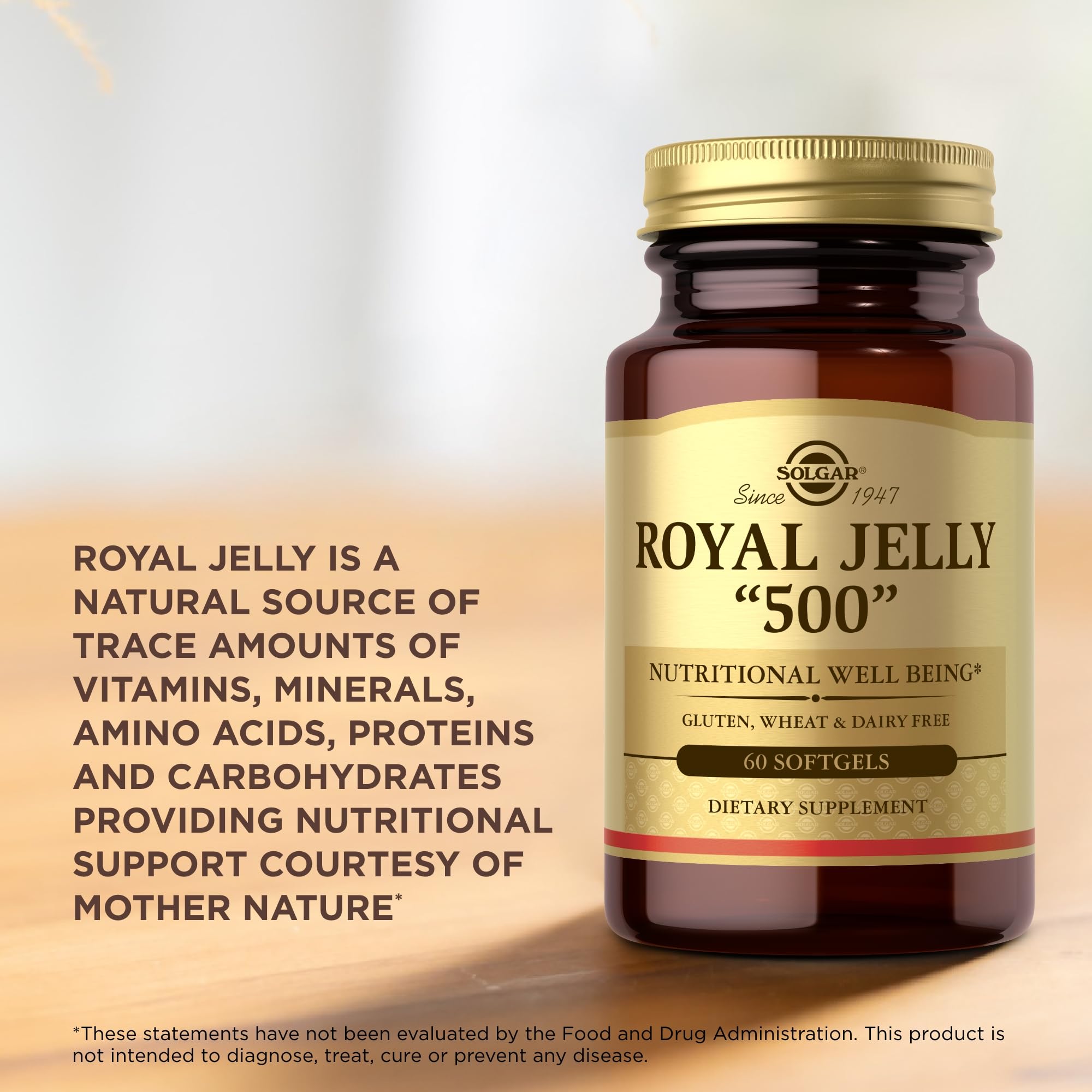 Solgar Royal Jelly 500 softgels cap closeup emphasizes convenient daily dosing
