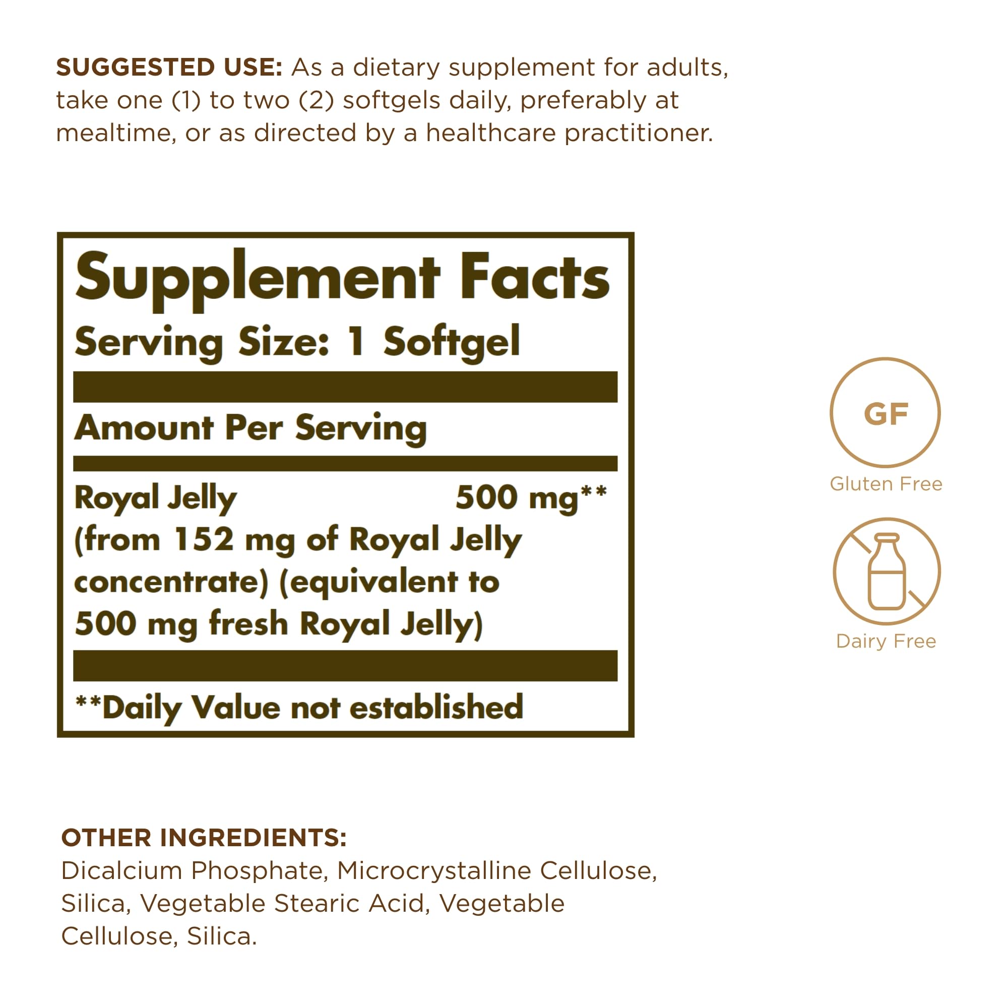 Solgar Royal Jelly 500 softgels front label highlights premium royal jelly for daily energy support