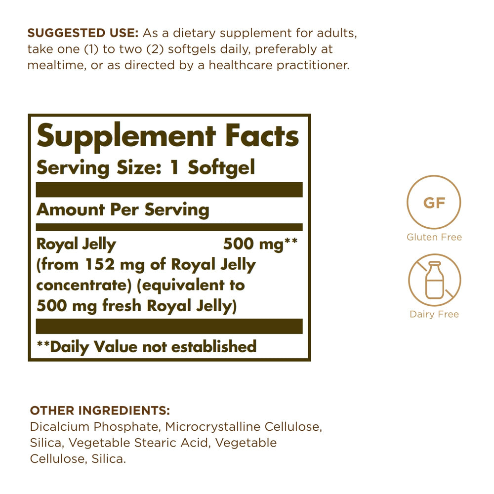 Solgar Royal Jelly 500 softgels front label highlights premium royal jelly for daily energy support