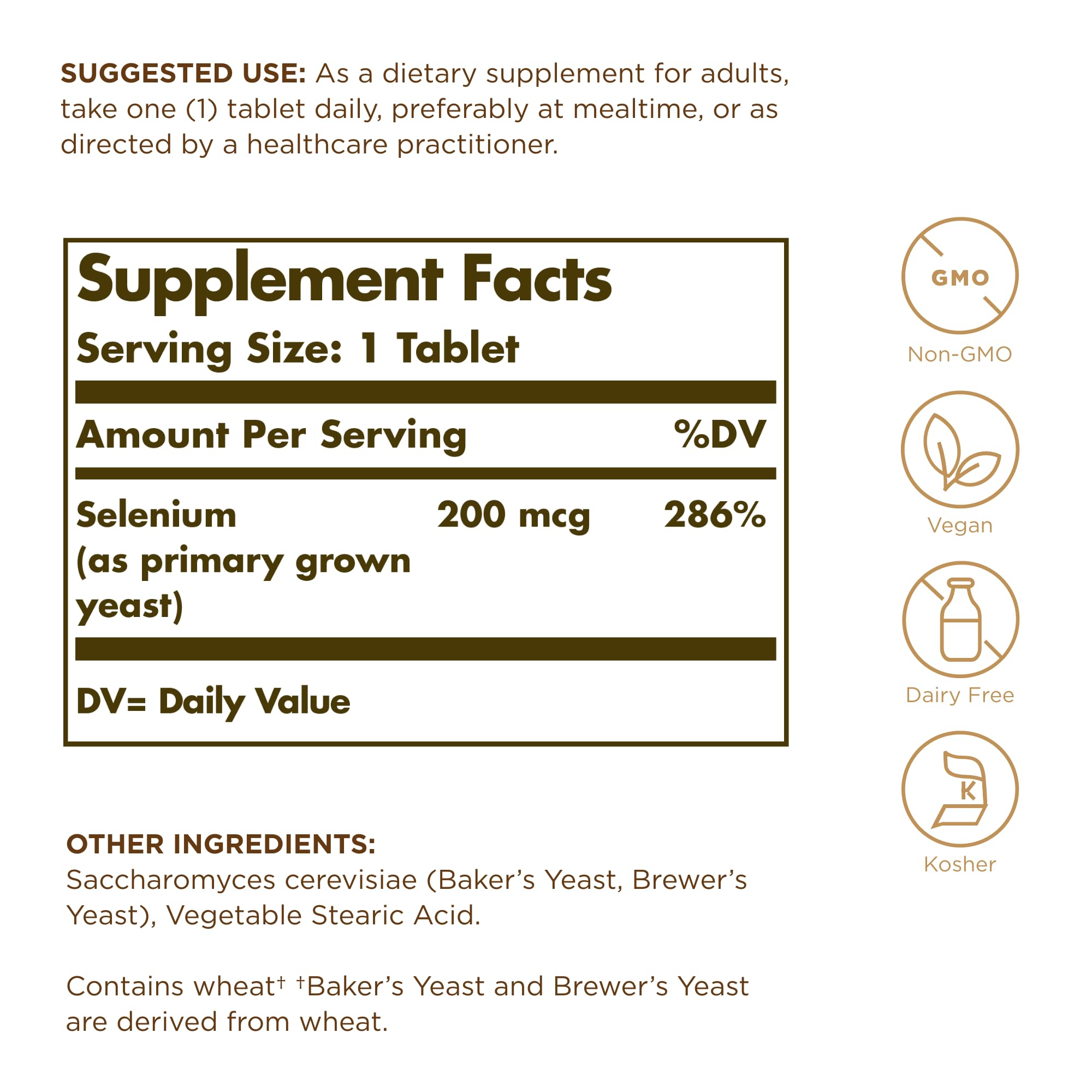 Solgar Selenium 200 mcg tablets closeup of the bottle label and information