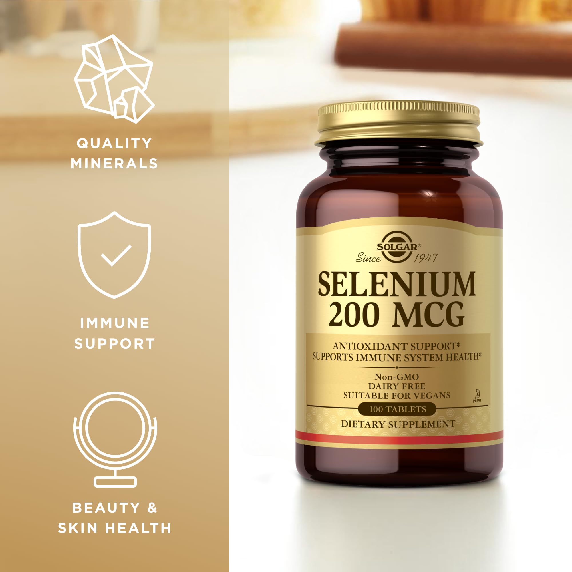 Solgar Selenium tablets poured out for daily-use supplement illustration