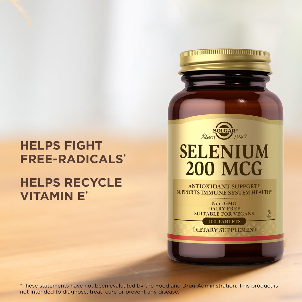 Solgar Selenium 200 mcg tablets on kitchen counter for convenient routine.