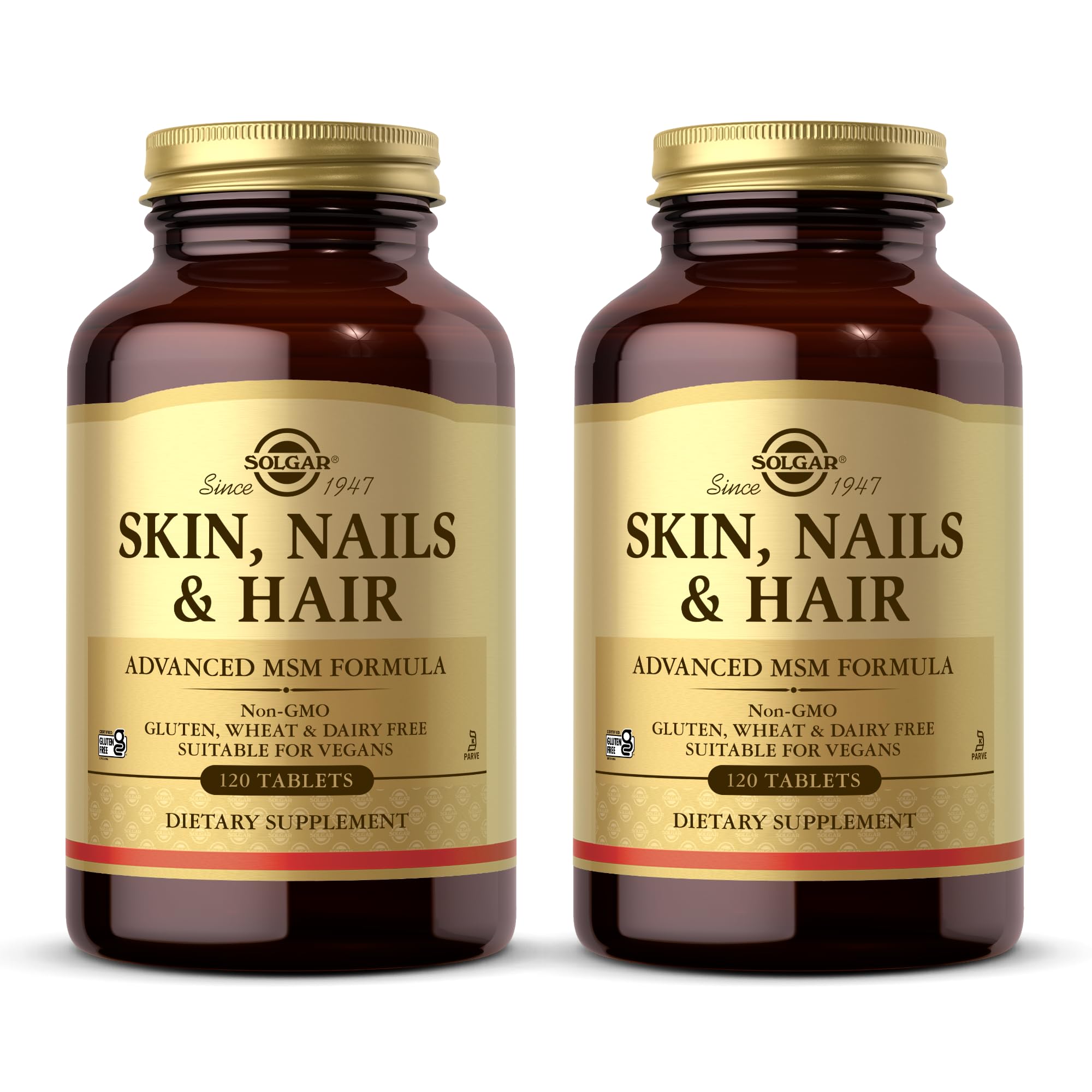 Solgar Skin, Nails & Hair bottle front with vegan MSM formula for beauty support.