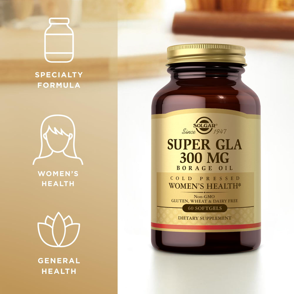 Solgar Super GLA 300mg label front highlighting dosage and brand