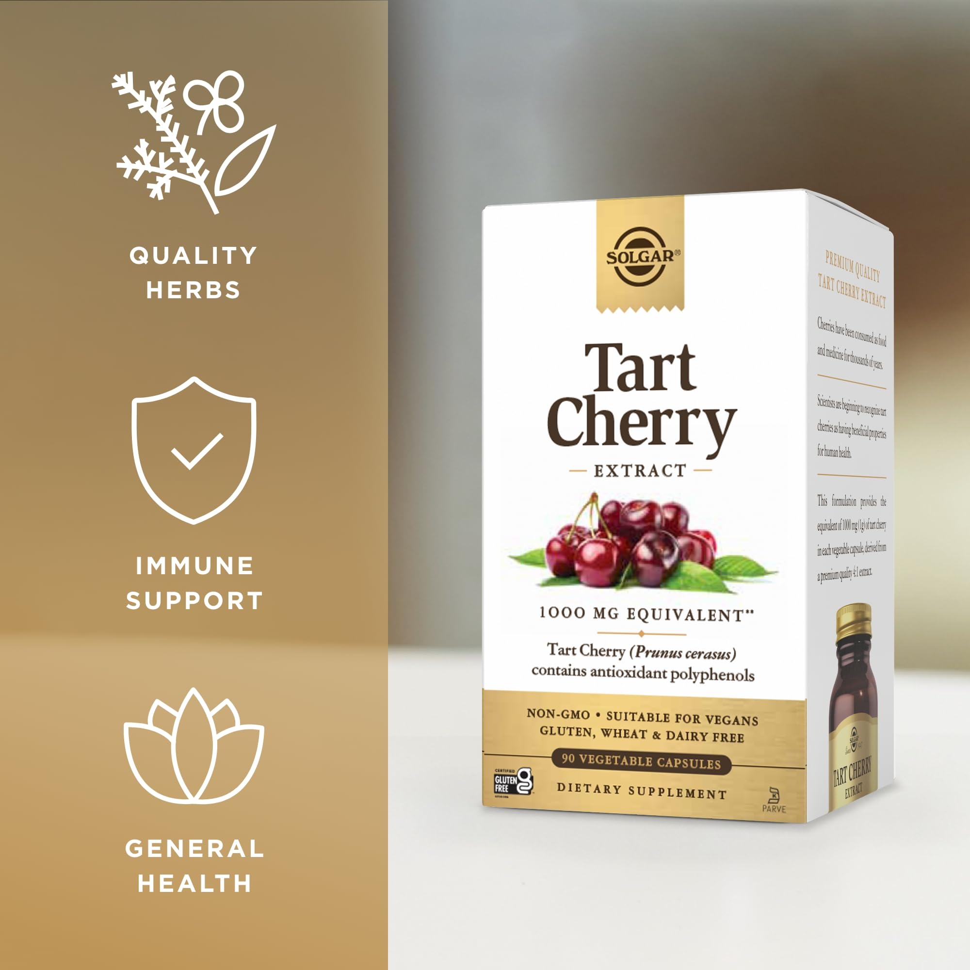 Solgar Tart Cherry vegan-friendly icon and gluten-free label