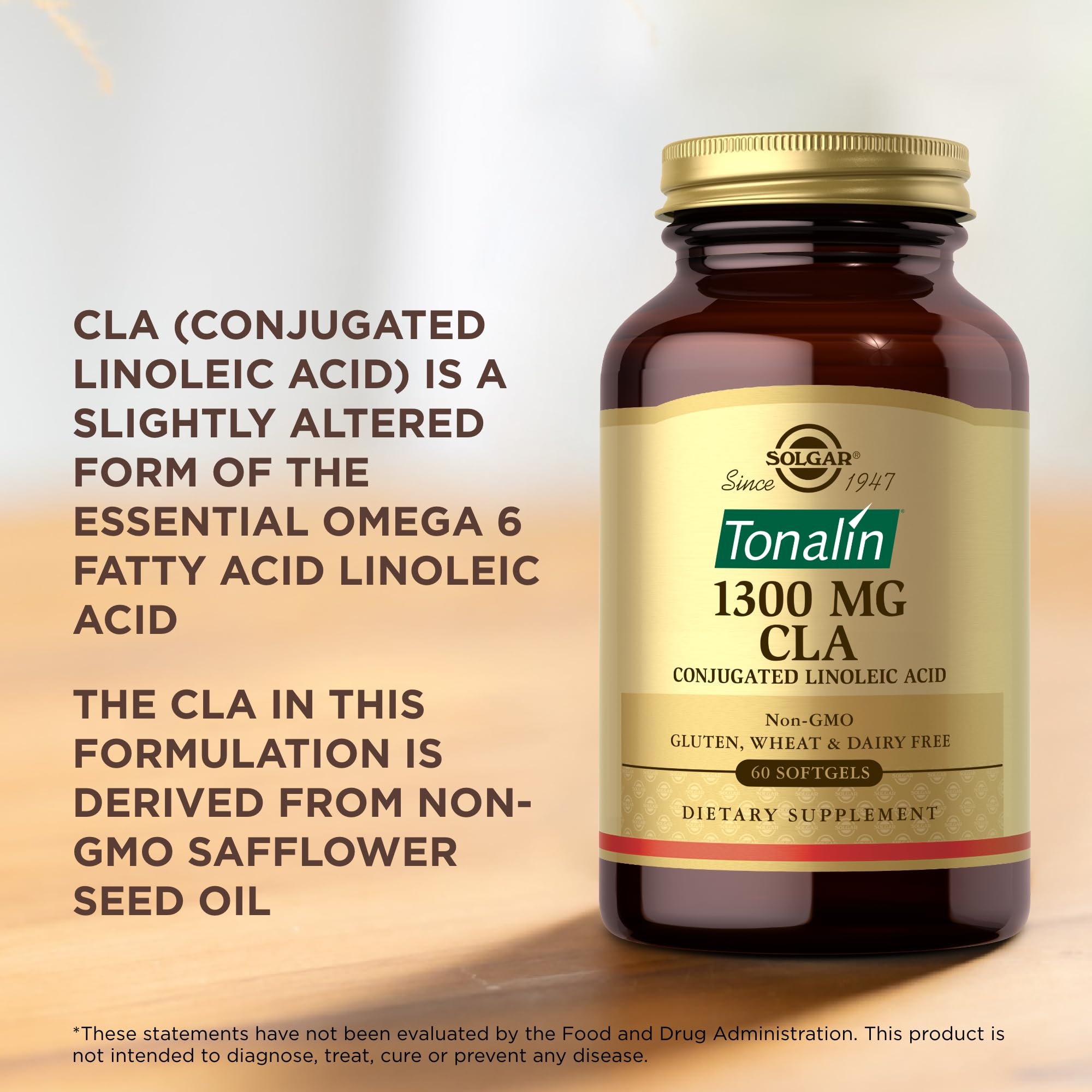 Solgar Tonalin CLA icons indicate gluten-free and dairy-free