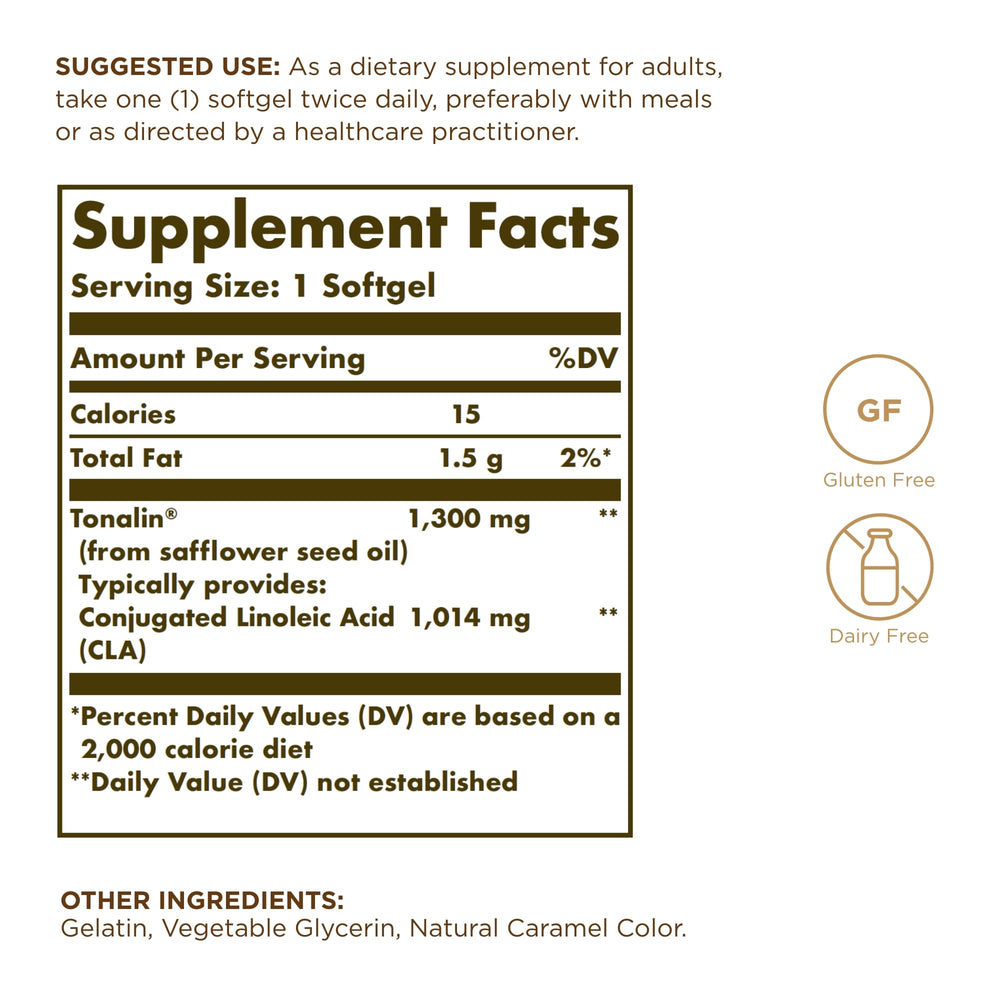 Solgar Tonalin CLA label close-up showing 1300 mg per softgel