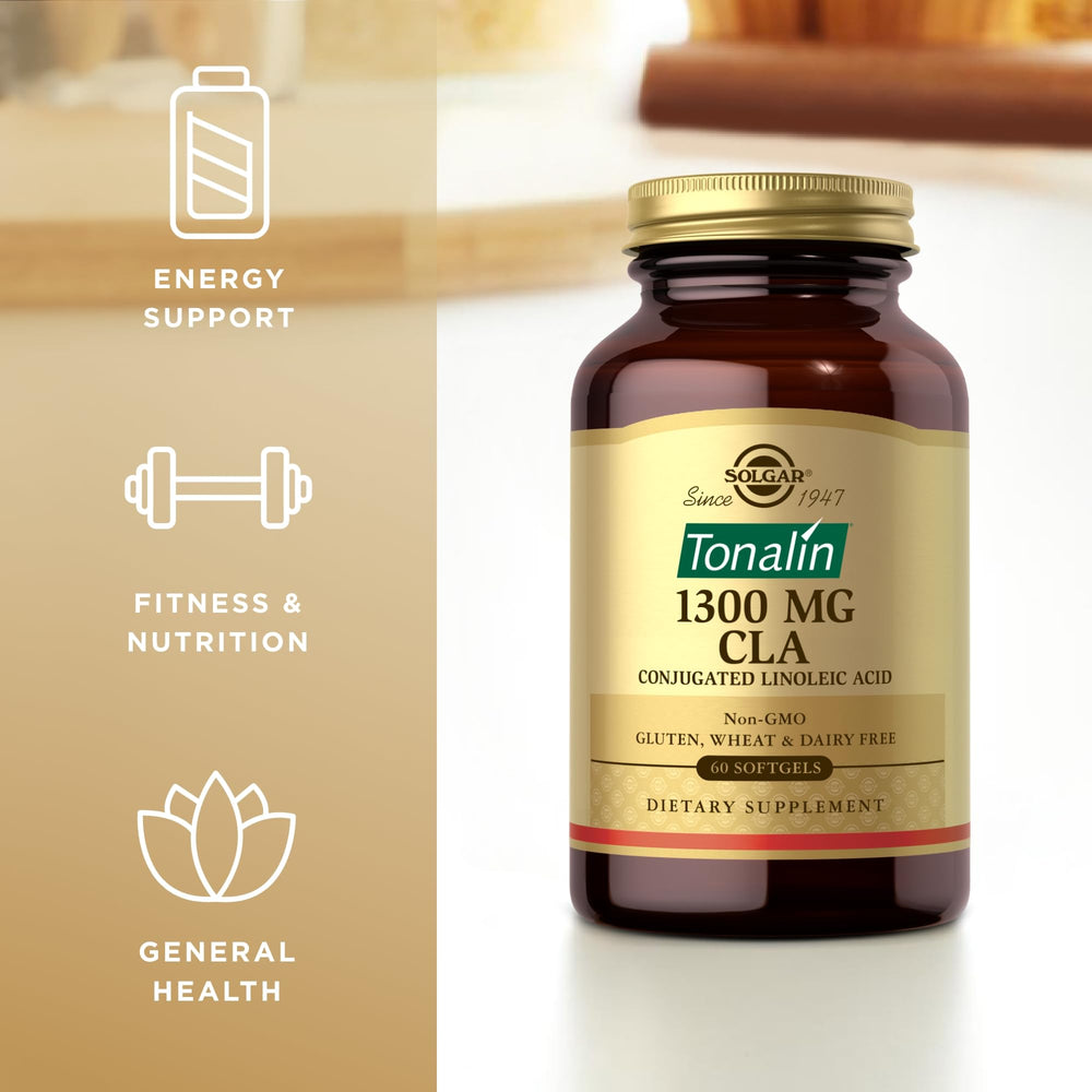 Solgar Tonalin CLA packaging highlights non-GMO safflower oil source