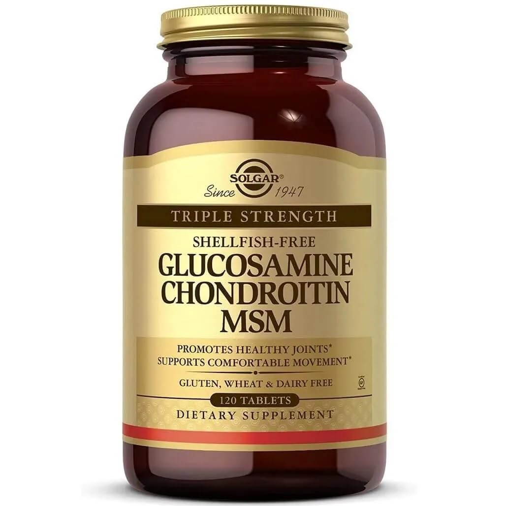 Solgar Triple Strength Glucosamine Chondroitin MSM bottle visual, supports joint comfort and flexibility.