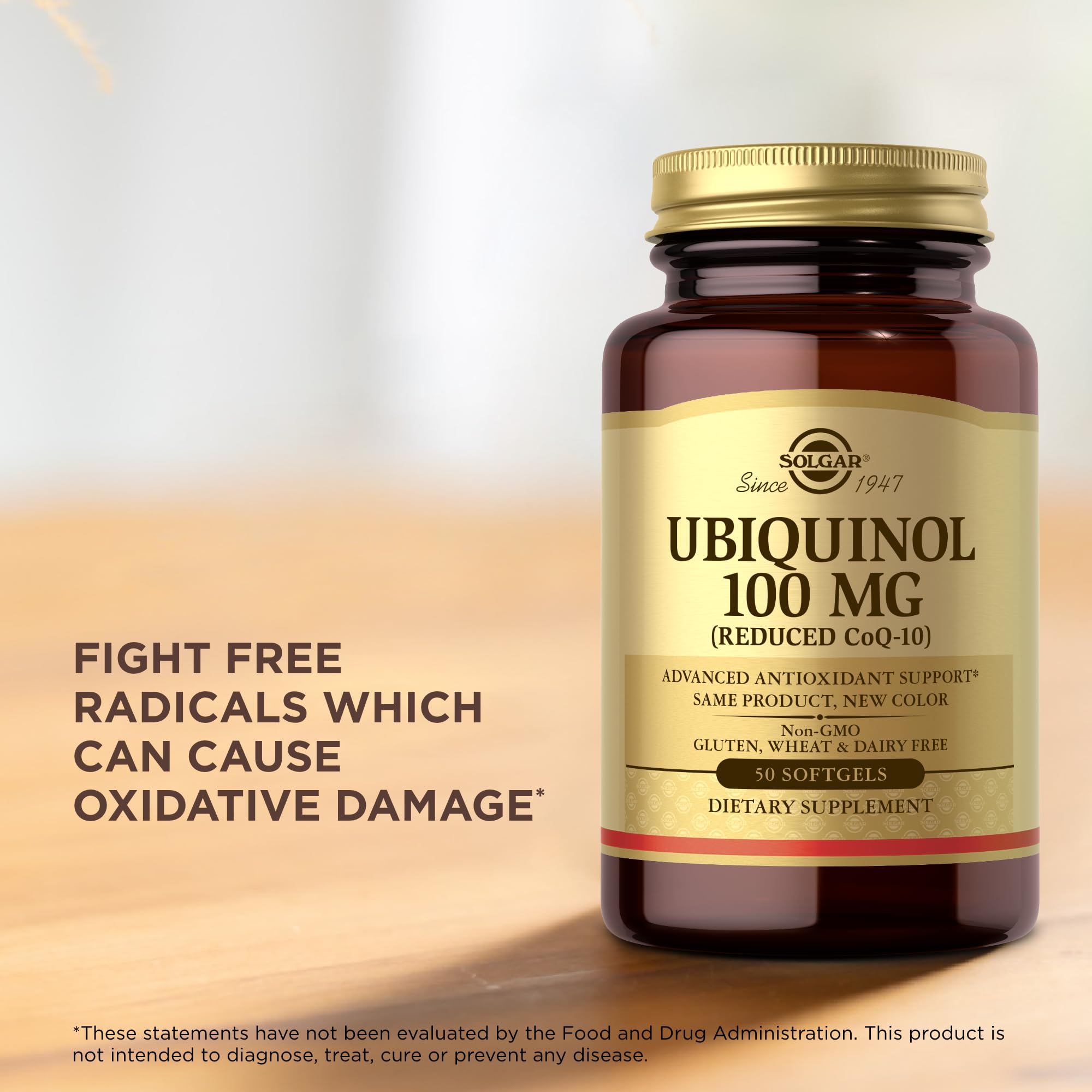 Solgar ubiquinol bottle displays 50 servings for convenient daily use.