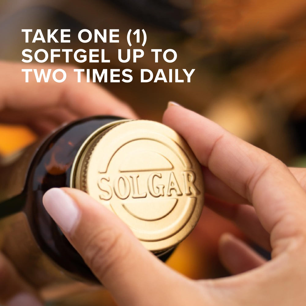 Solgar Ubiquinol bottle texture emphasizing non-GMO and clean label.