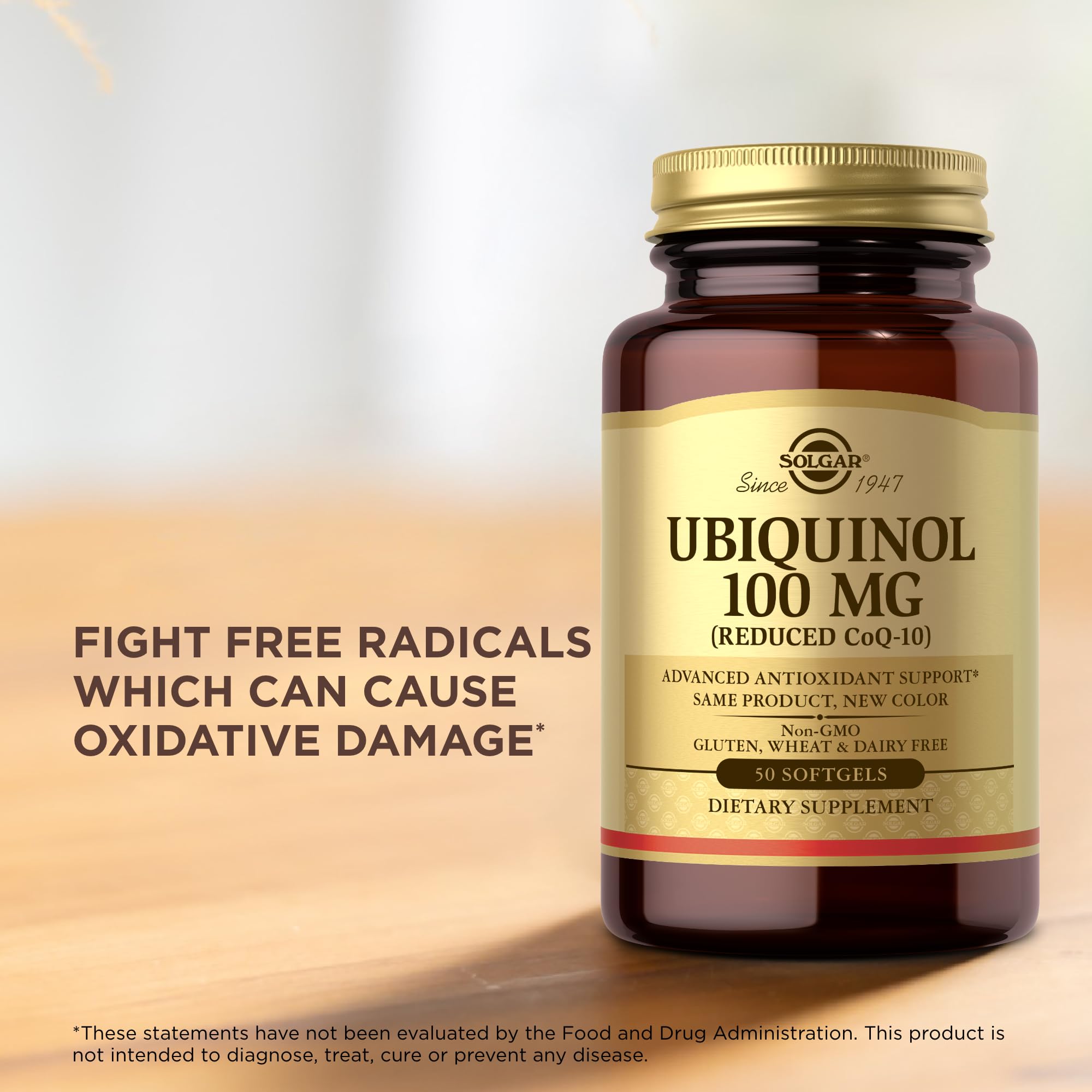 Solgar Ubiquinol packaging showcases gluten-free and dairy-free features.