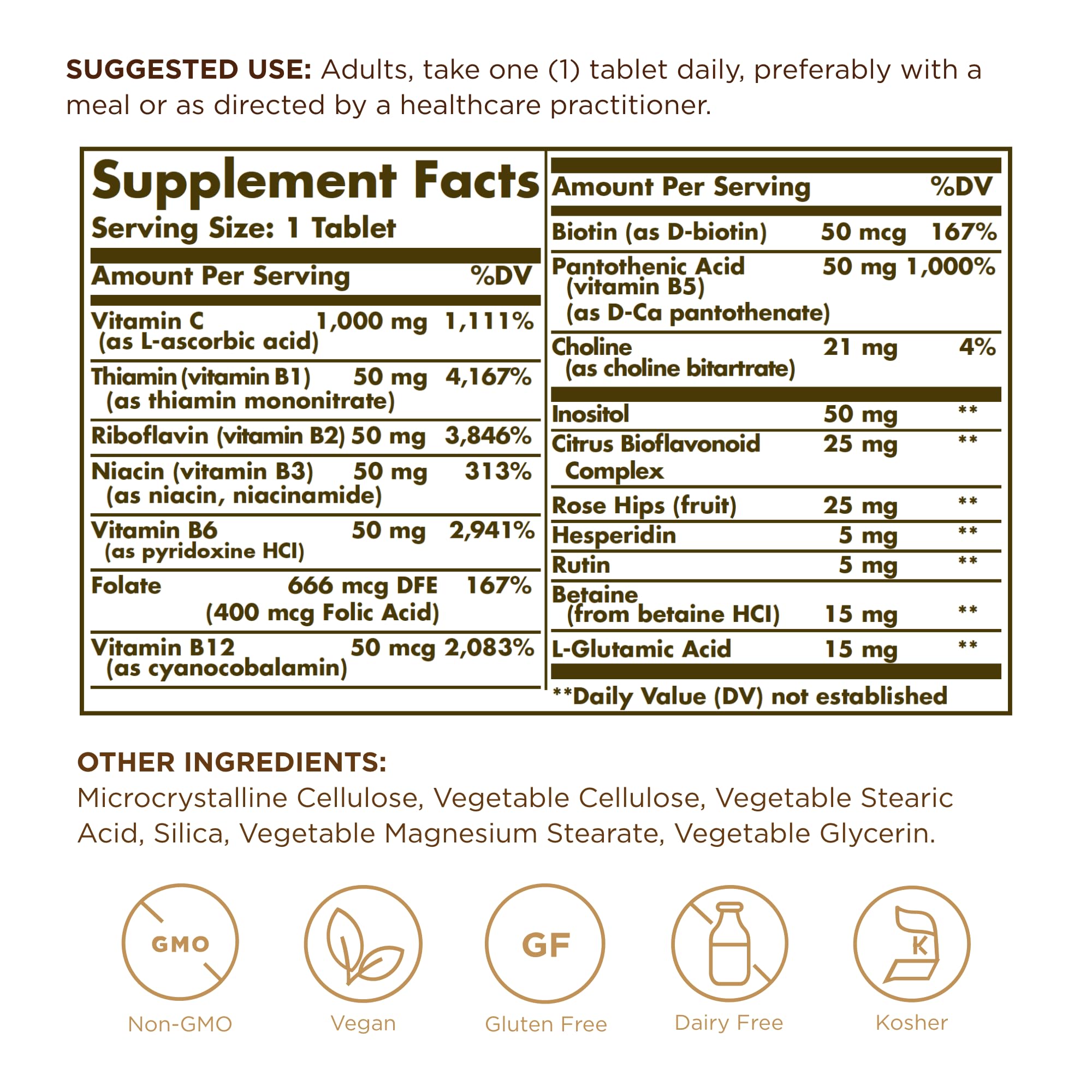 Solgar Ultimate B+C Complex bottle back view shows allergen-free formula.