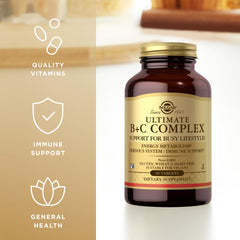 Solgar Ultimate B+C Complex packaging showcases 90 tablets per bottle.
