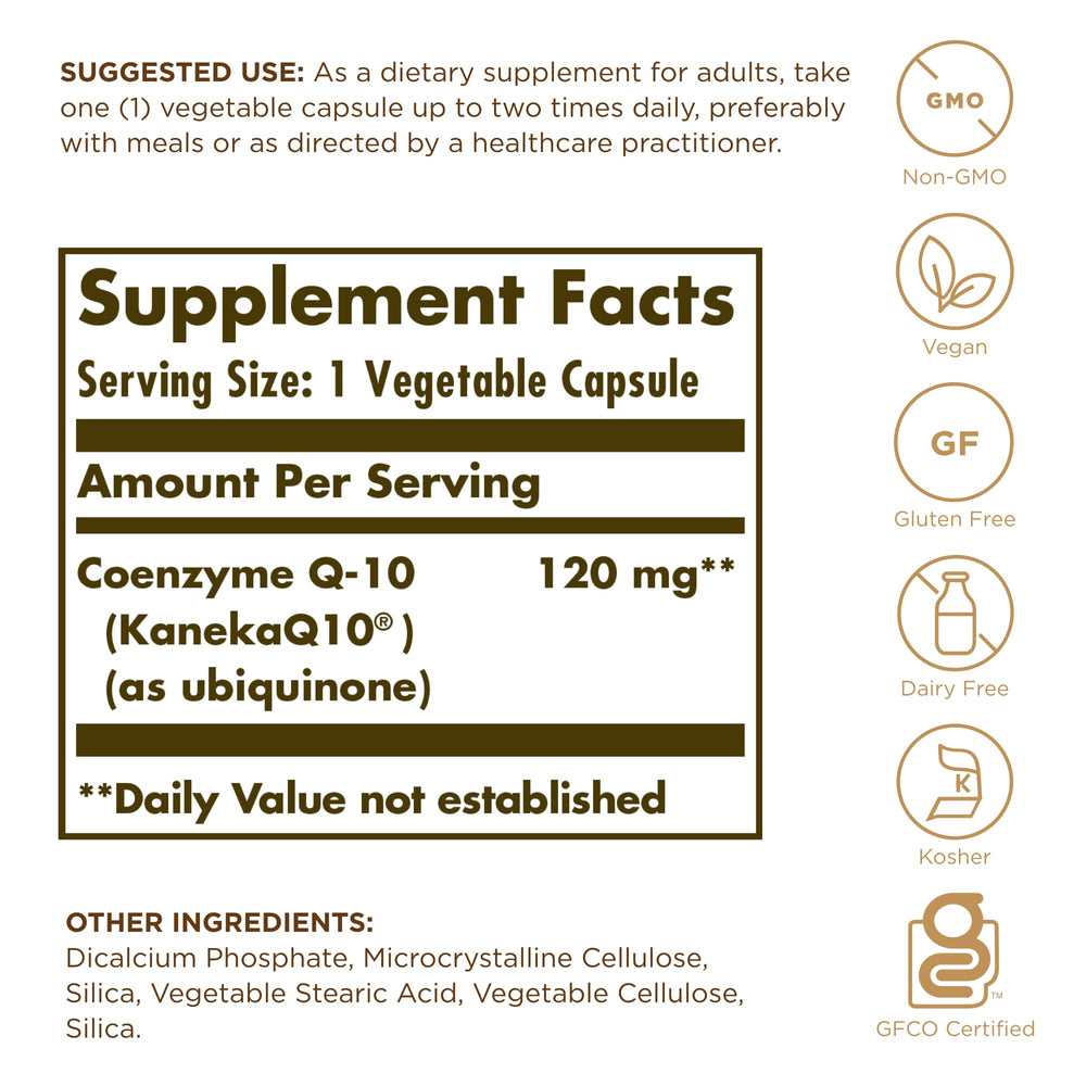 Solgar Vegan CoQ-10 capsules close-up for vegetarian-friendly supplementation.