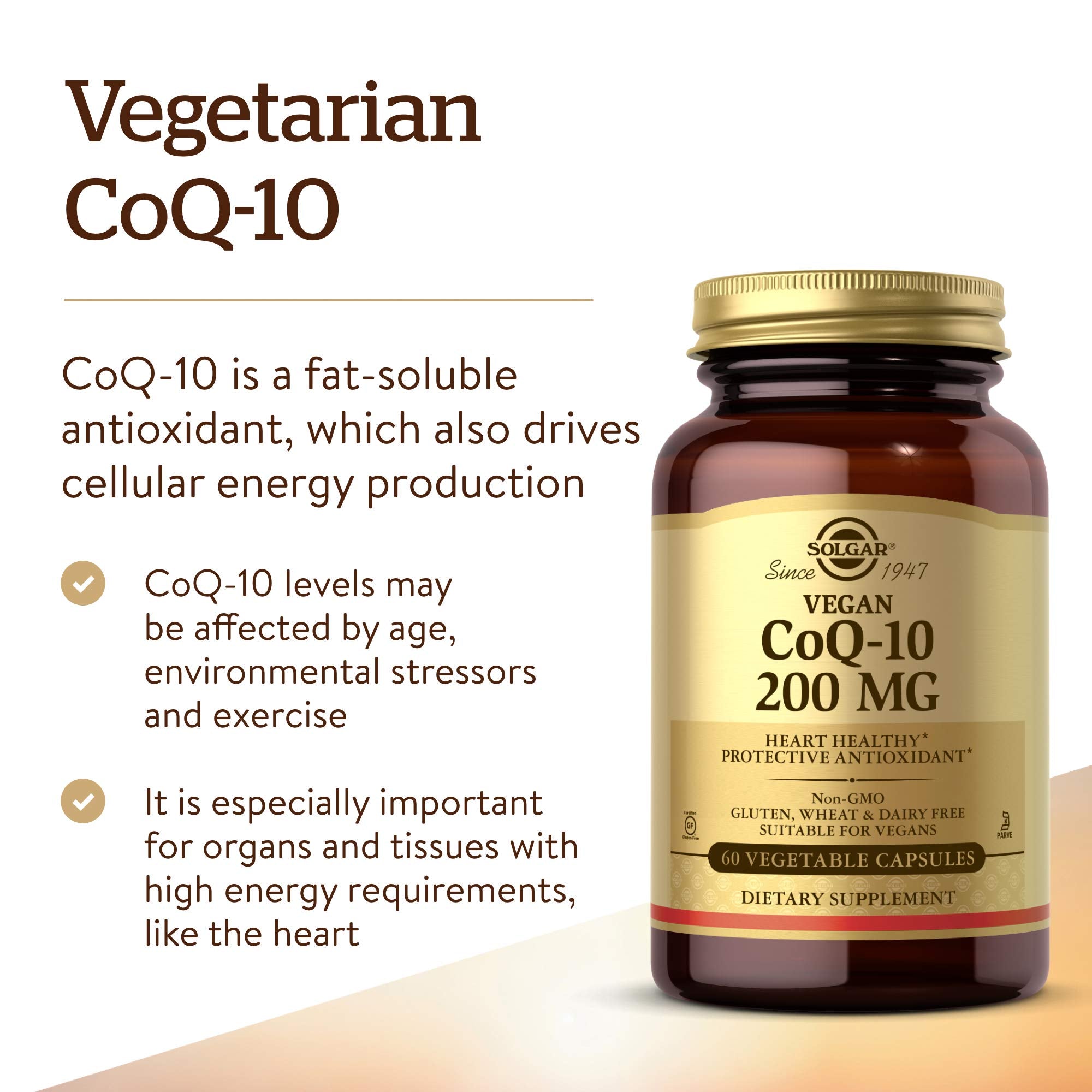 Solgar vegetarian CoQ-10 capsules resting in bottle on shelf.