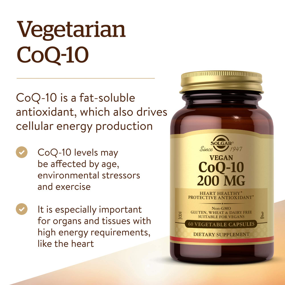 Solgar vegetarian CoQ-10 capsules resting in bottle on shelf.