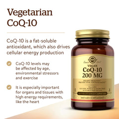 Solgar vegetarian CoQ-10 capsules resting in bottle on shelf.