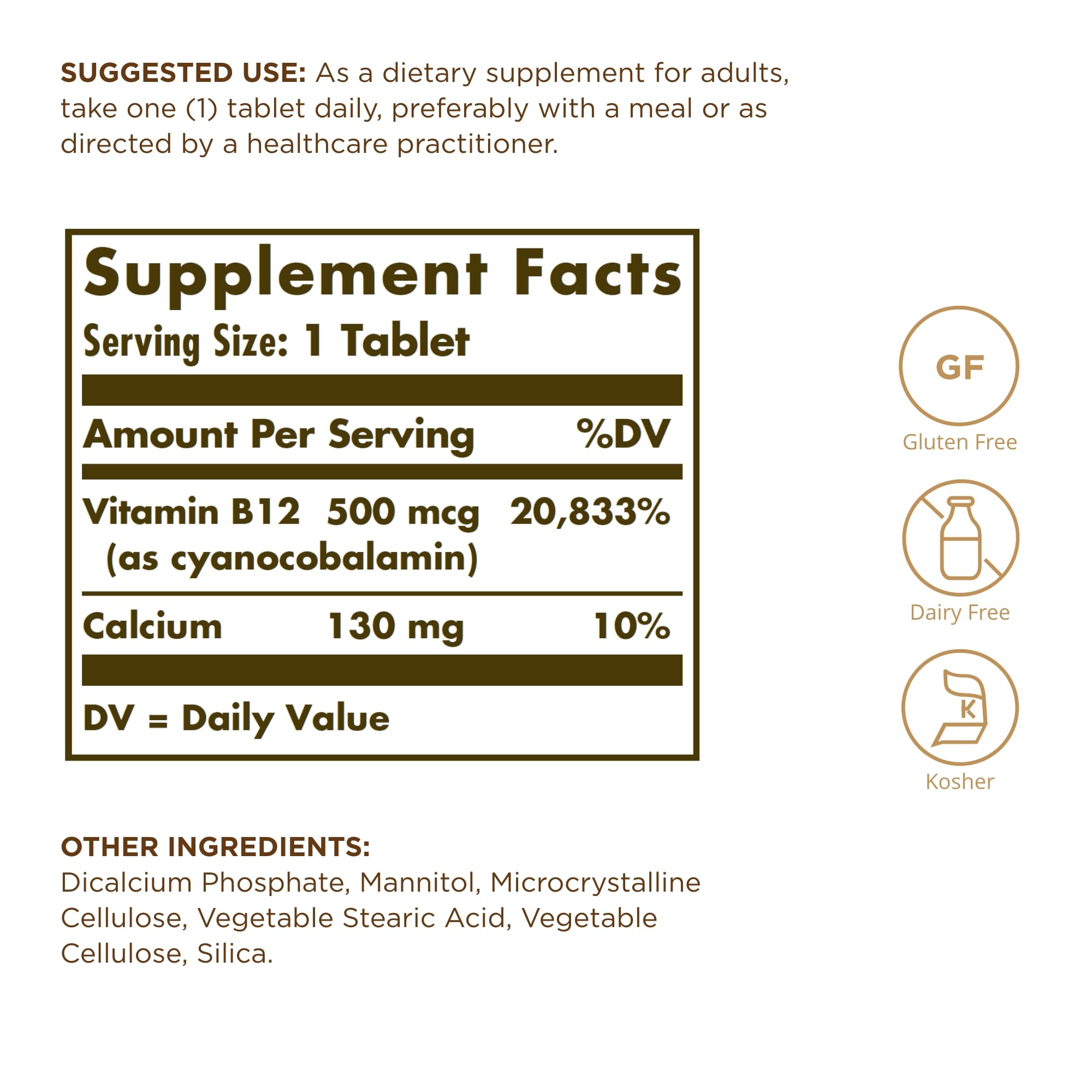 Solgar Vitamin B-12 500 mcg bottle back label with dosage information.
