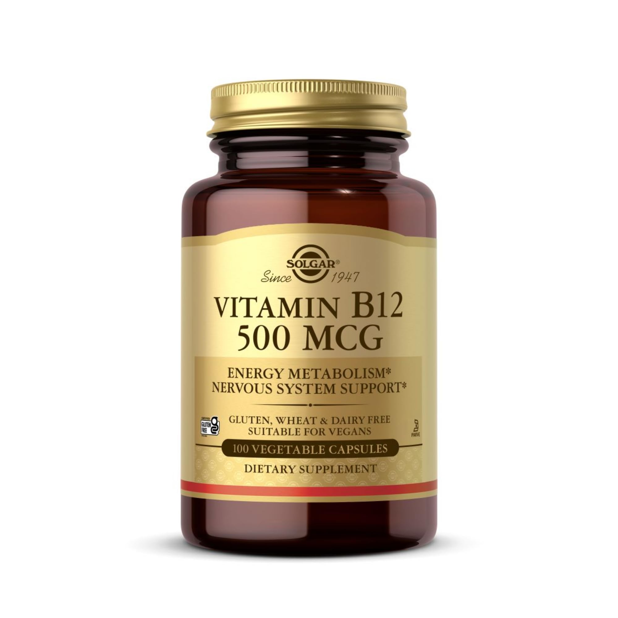 Solgar Vitamin B-12 500mcg bottle front, ideal for daily supplementation.