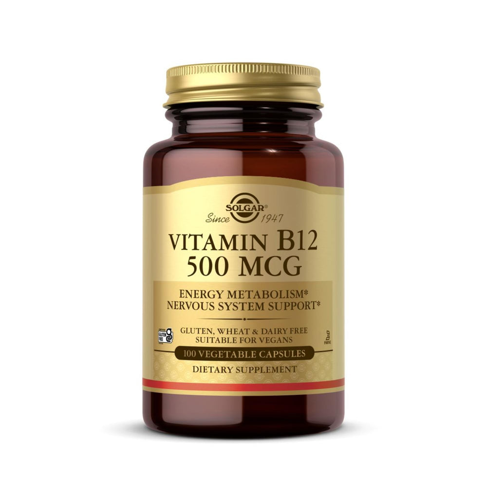 Solgar Vitamin B-12 500mcg bottle front, ideal for daily supplementation.