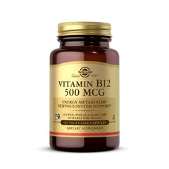 Solgar Vitamin B-12 500mcg bottle front, ideal for daily supplementation.