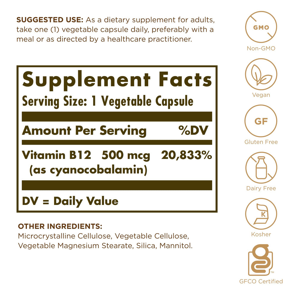 Solgar Vitamin B-12 500mcg bottle side view, easy-to-read label for quick dosing.