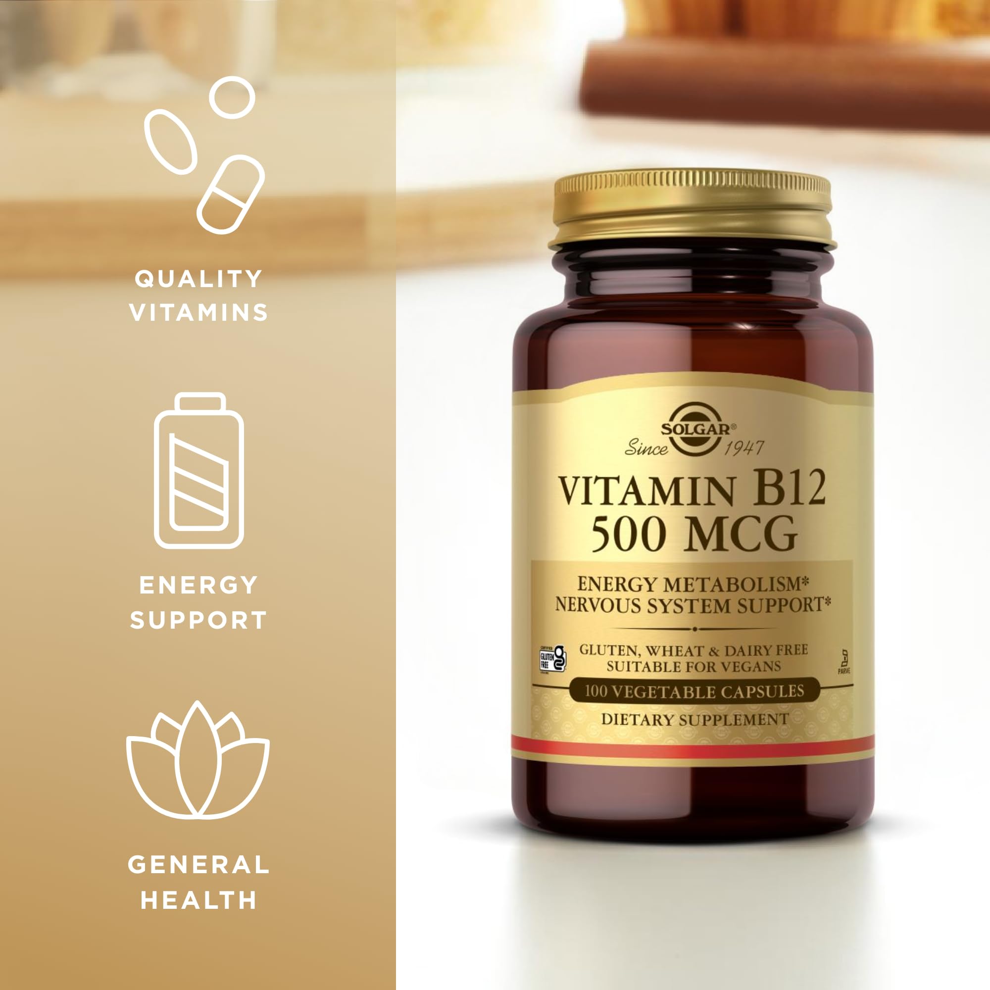 Solgar Vitamin B-12 500mcg packaging box front, helps plan your supplement routine.