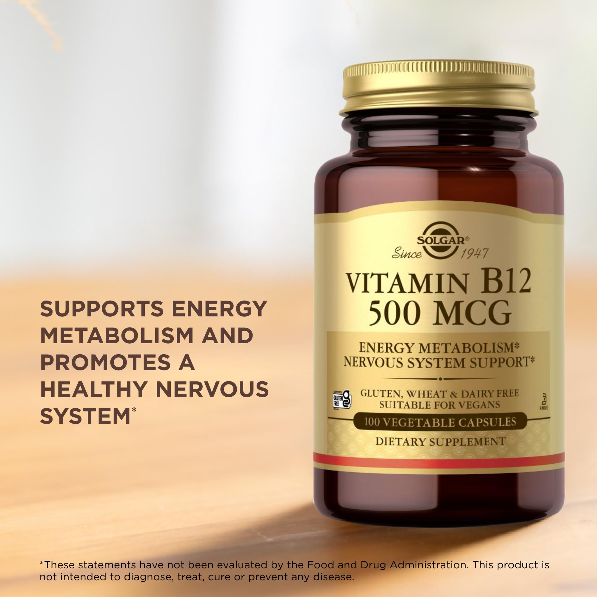 Solgar Vitamin B-12 500mcg supplement facts label close-up, clear nutrition details.