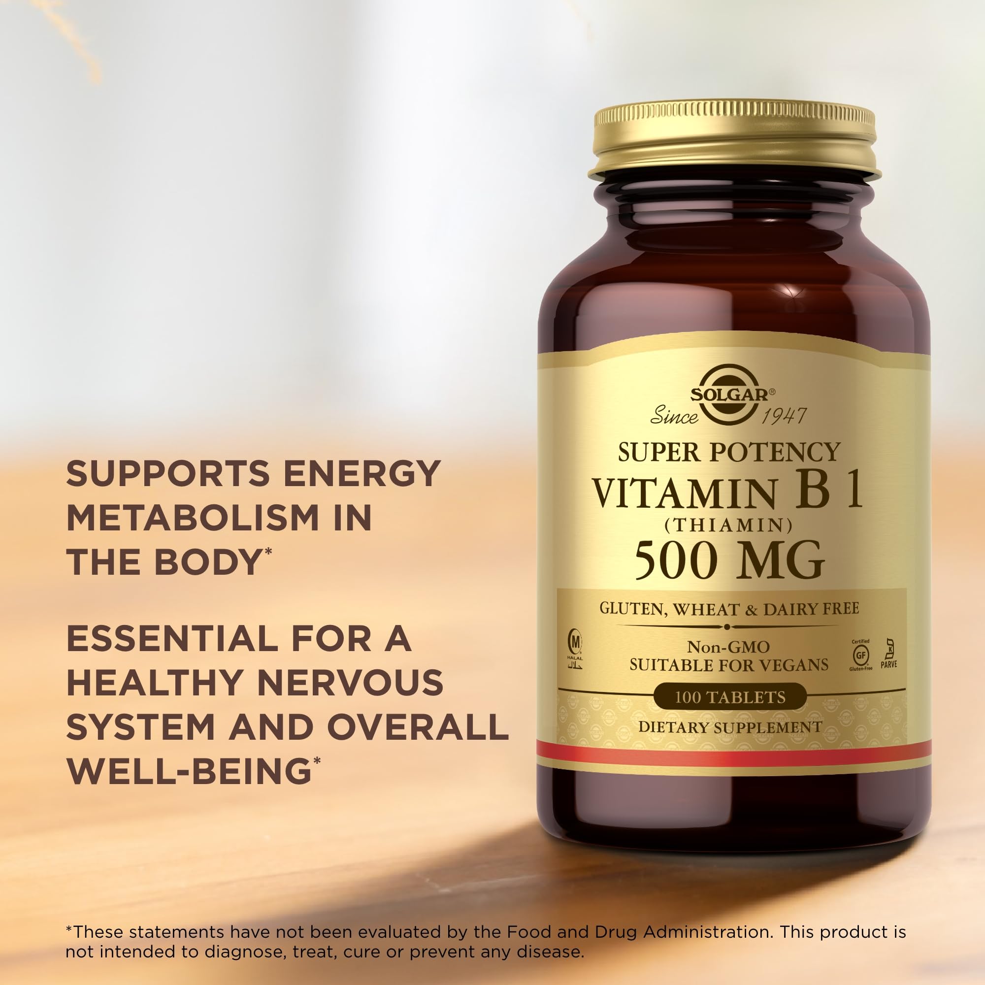 Solgar Vitamin B1 vegan kosher halal symbols on packaging for dietary compatibility