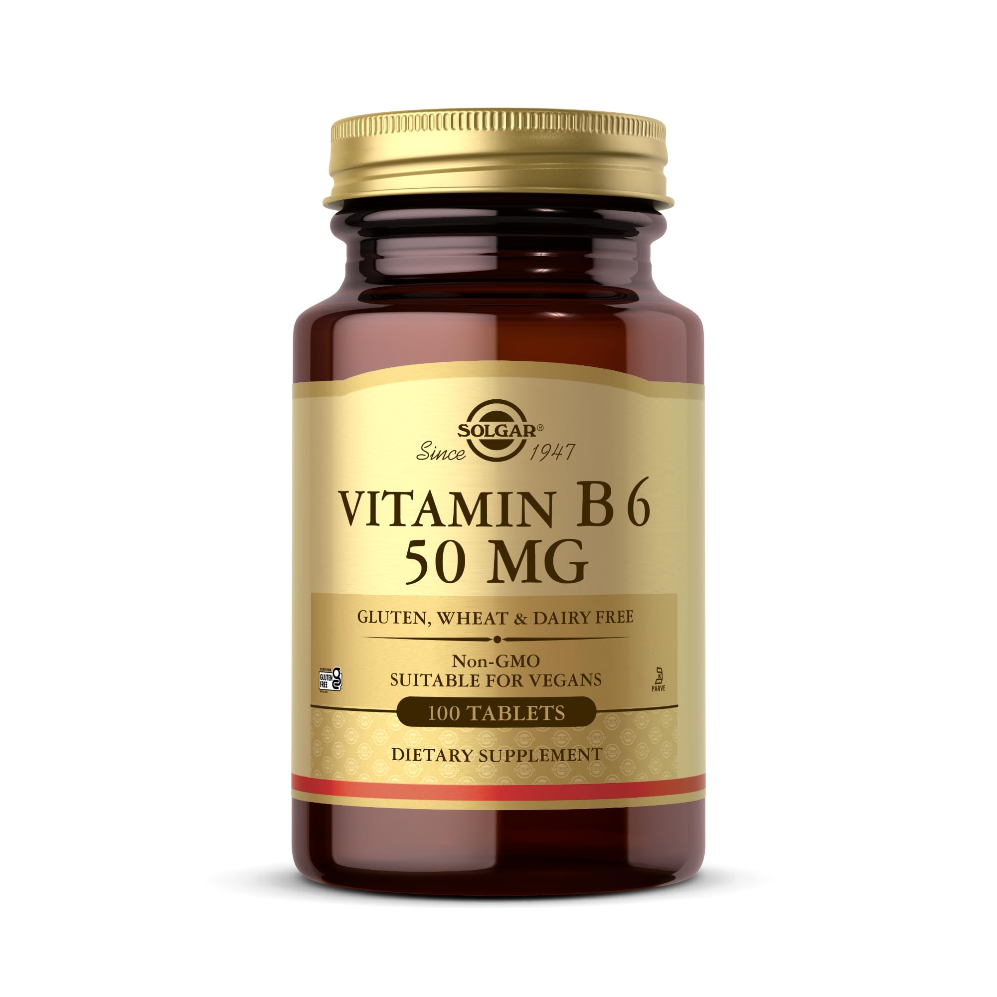 Solgar Vitamin B6 50 mg bottle front view highlights dosage for energy metabolism