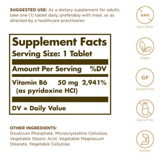 Solgar Vitamin B6 50 mg bottle side label shows vegan non-GMO and allergen-free features