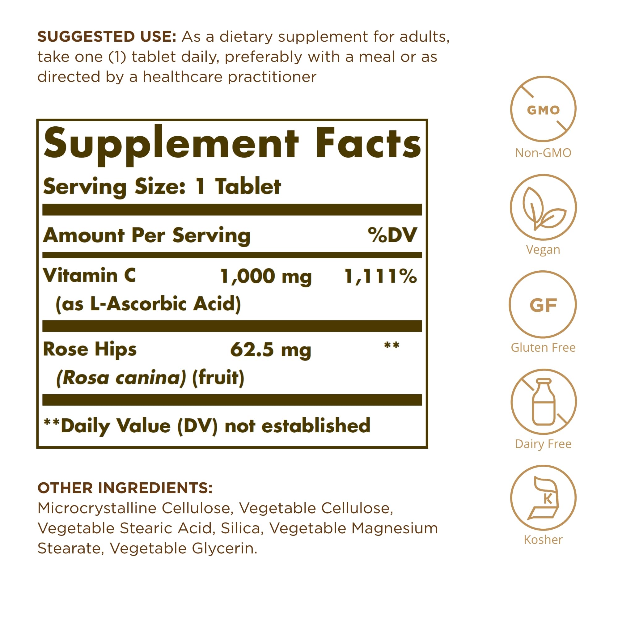 Solgar Vitamin C 1000 mg with Rose Hips bottle front showing label