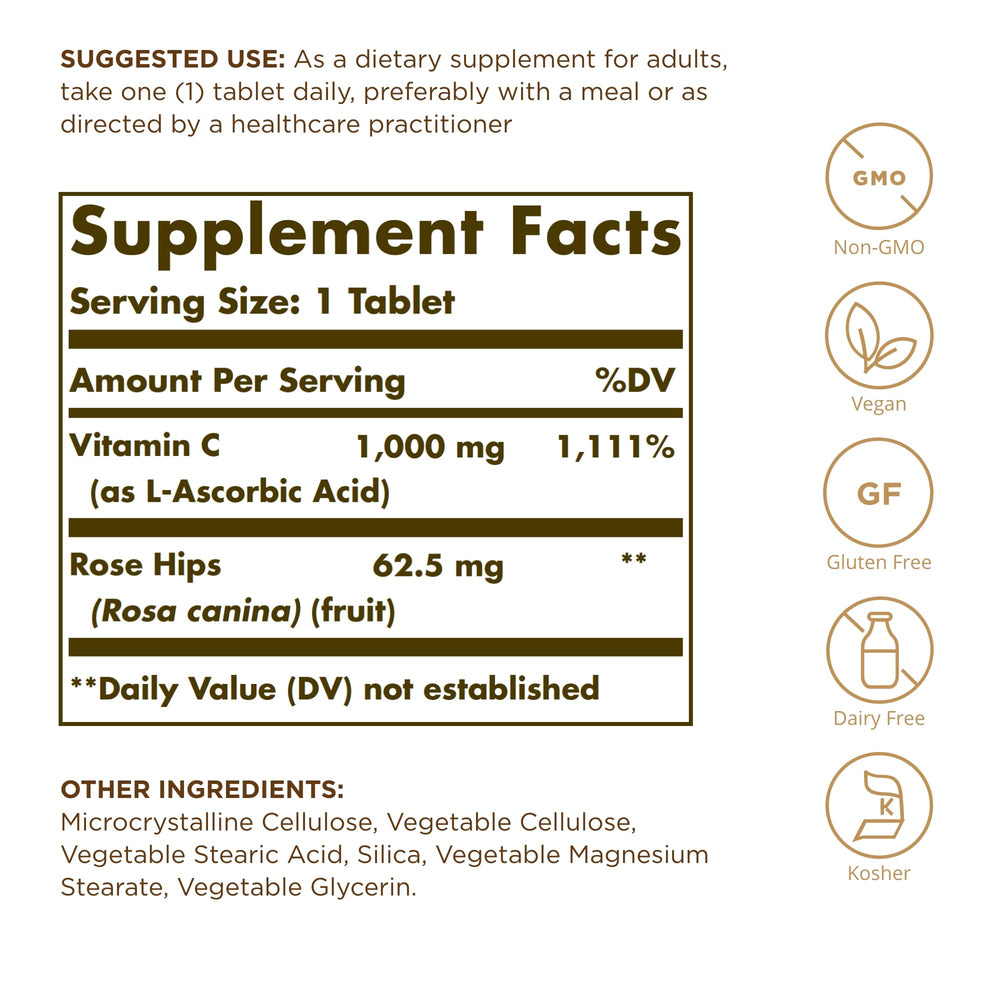 Solgar Vitamin C 1000 mg with Rose Hips bottle front showing label