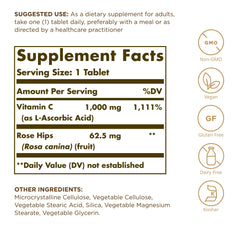 Solgar Vitamin C 1000 mg with Rose Hips bottle front showing label