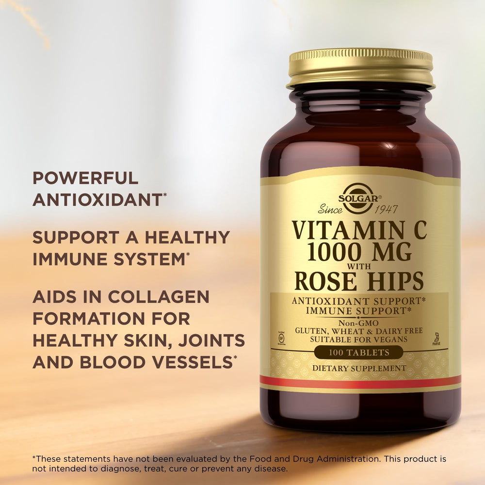 Solgar Vitamin C 1000 mg with Rose Hips tablets closeup texture