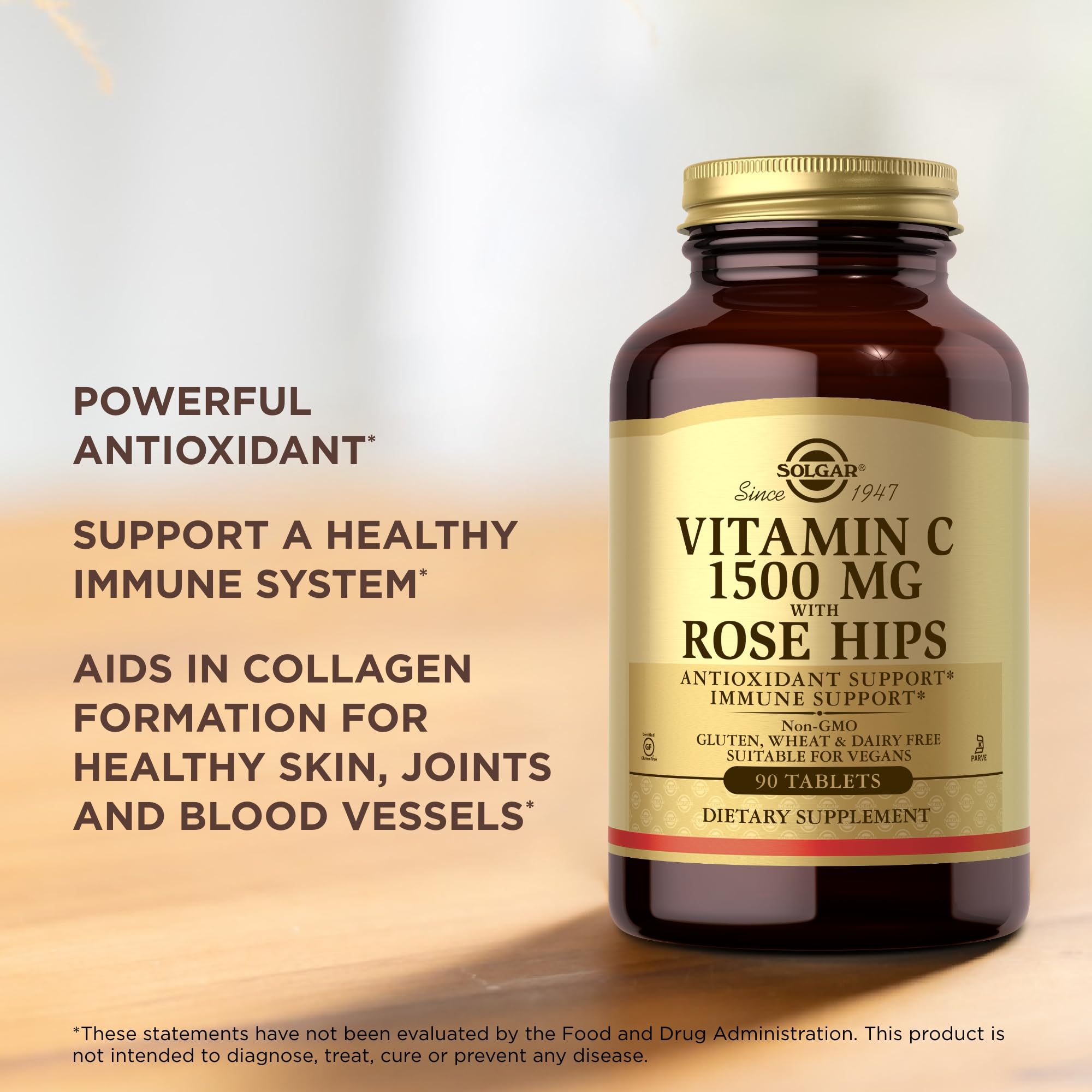 Solgar Vitamin C 1500mg with Rose Hips bottle beside a glass for daily intake