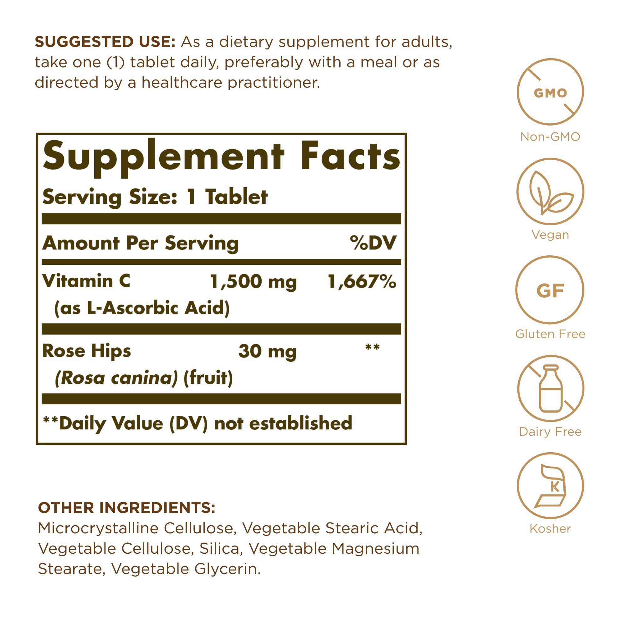 Solgar Vitamin C 1500mg with Rose Hips label highlighting potency